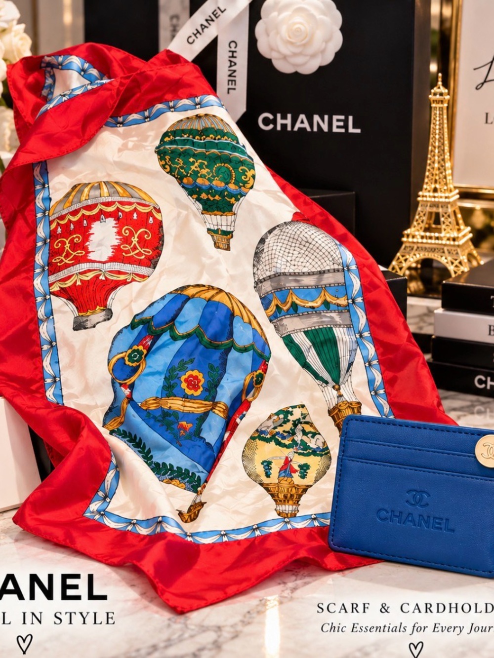 Red, Blue & Multi Hot Air Balloon Silk Scarf with Chanel Blue Cardholder